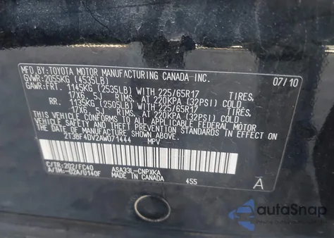 2010 Toyota Rav4 z USA, uszkodzony, nr VIN 2T3BF4DV2AW071444